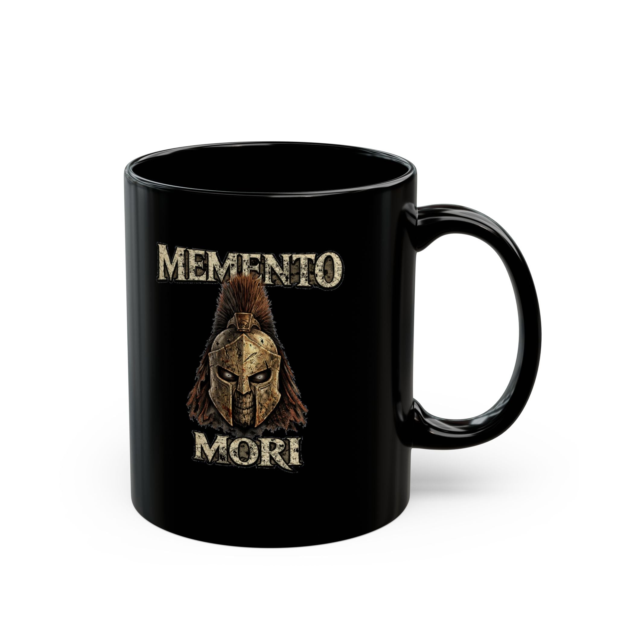 Memento Mori Black Mug — Spartan Helmet Coffee Cup (11oz & 15oz)