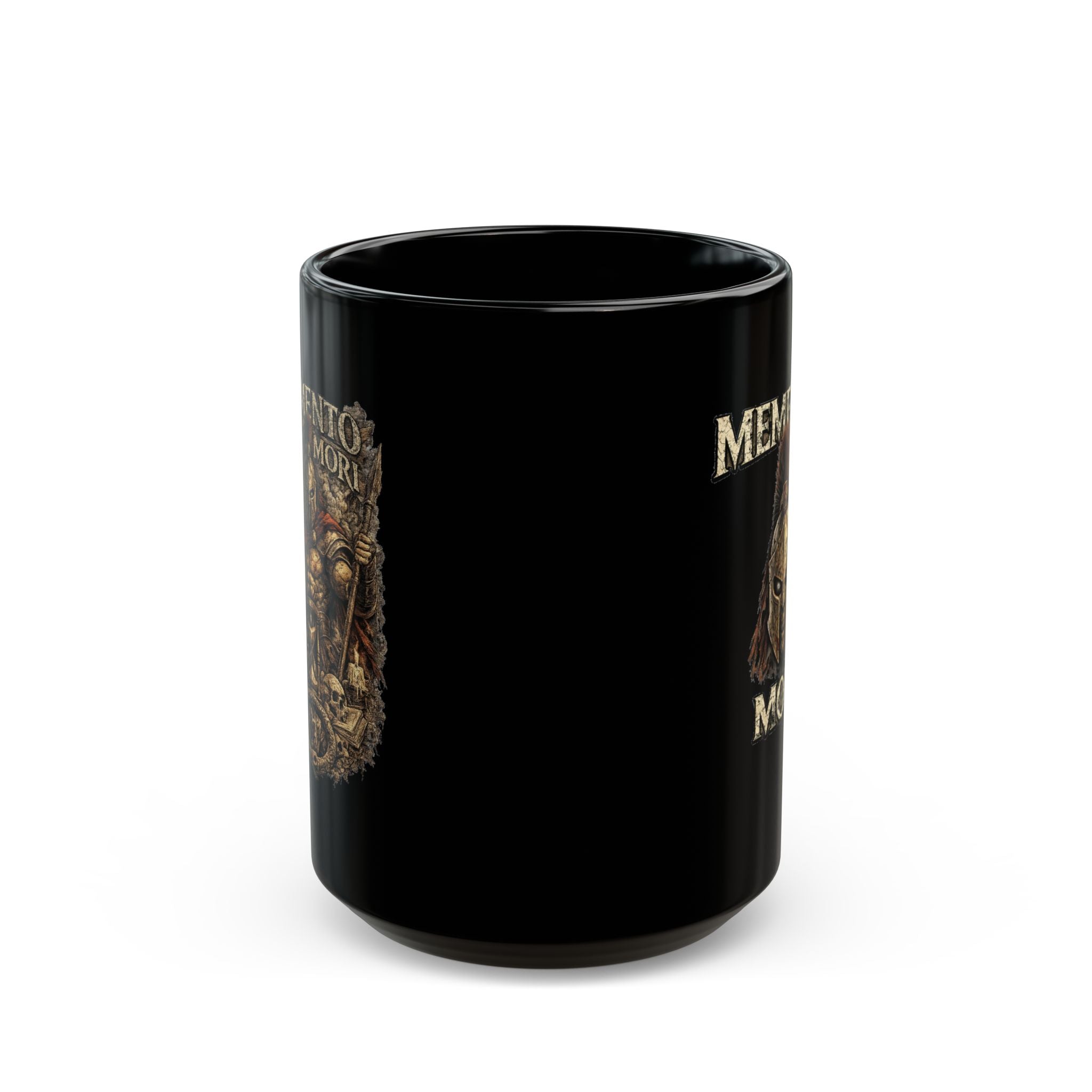 Memento Mori Black Mug — Spartan Helmet Coffee Cup (11oz & 15oz)