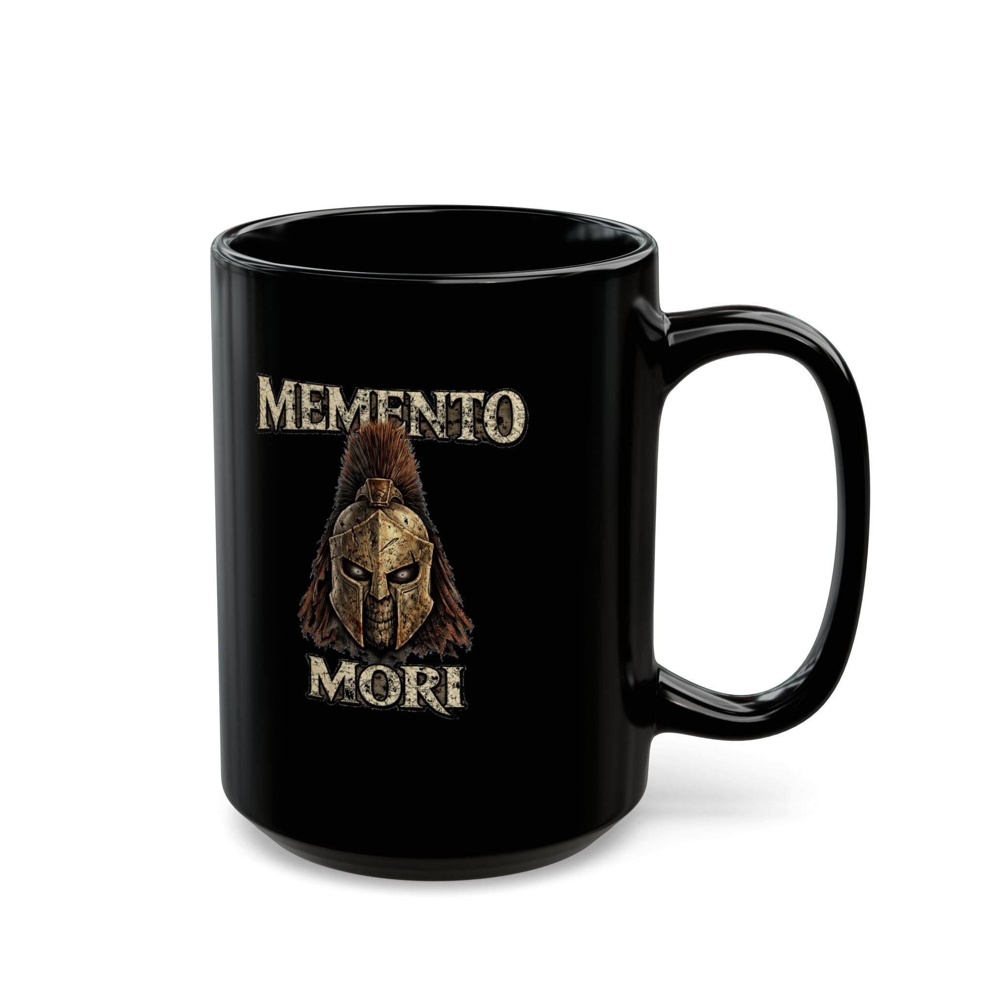 Memento Mori Black Mug — Spartan Helmet Coffee Cup (11oz & 15oz)
