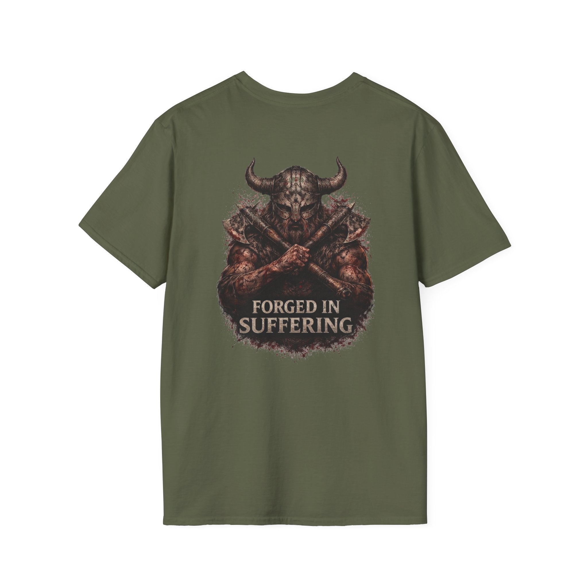 Forged In Suffering T-Shirt — 'Forged in Suffering' Nordic Viking Helmet Graphic Tee