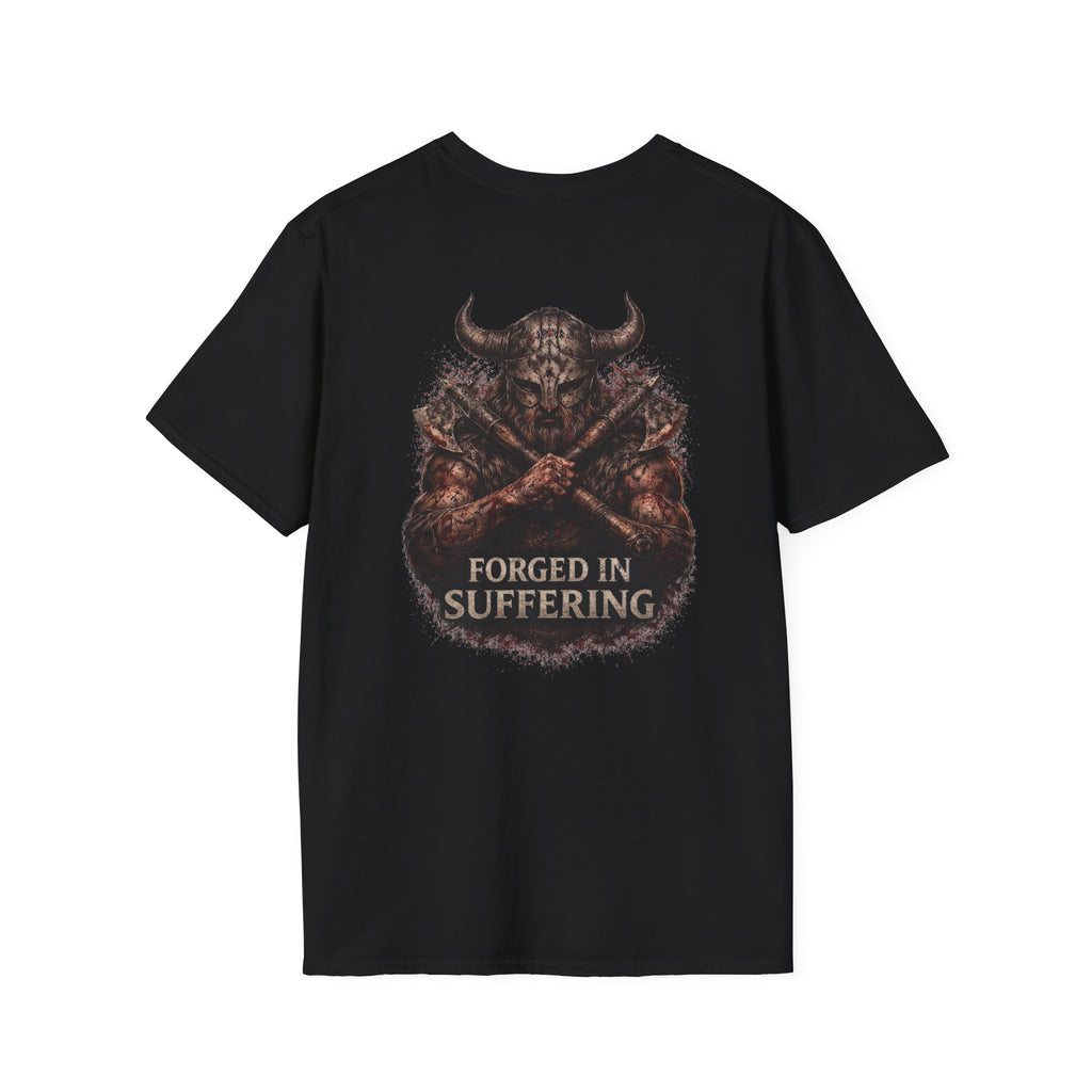 Forged In Suffering T-Shirt — 'Forged in Suffering' Nordic Viking Helmet Graphic Tee
